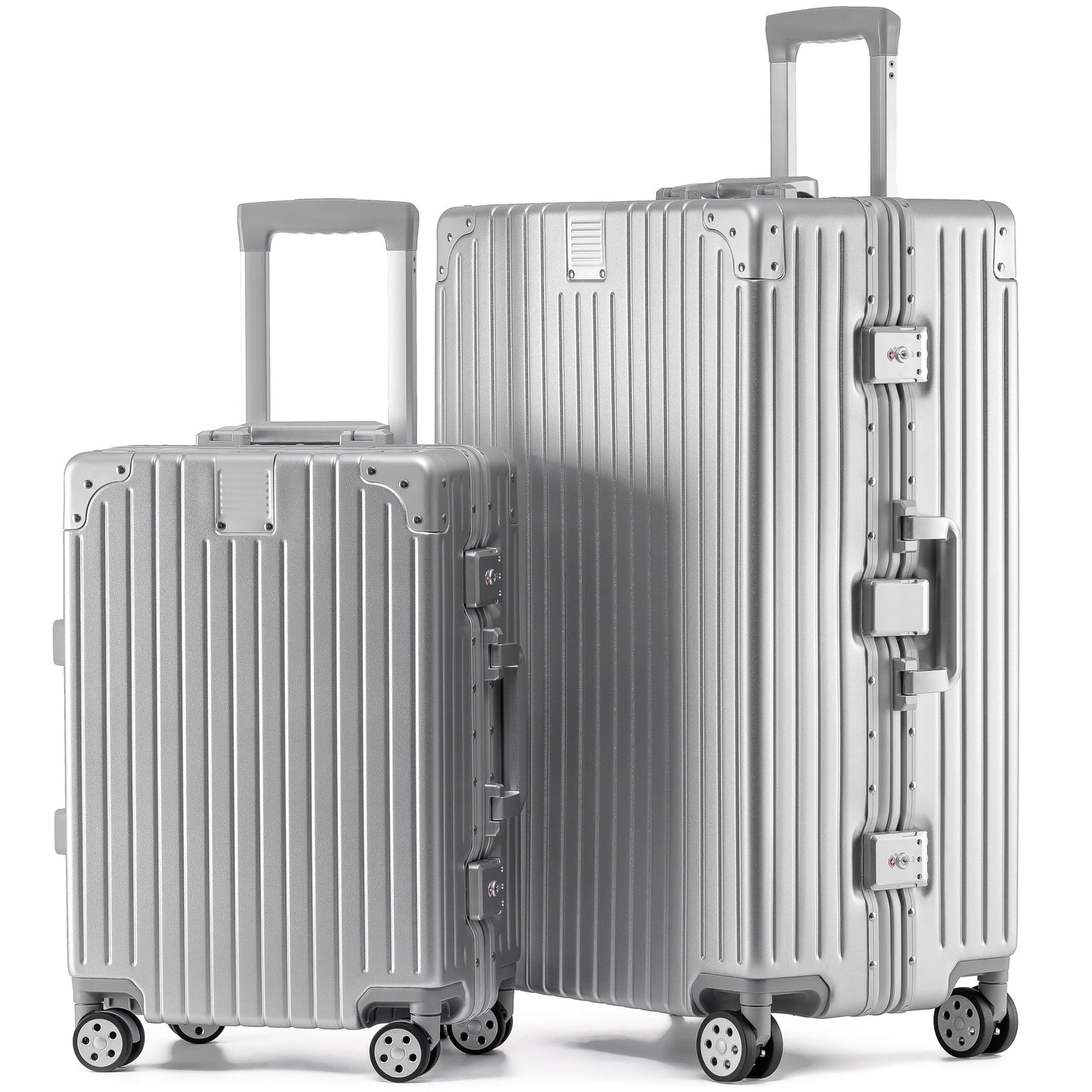 KOFA Zurich koferu komplekts 2 daļīgs, M-55cm un XL-75cm alumīnija rāmis un polikarbonāta cietais korpuss, rokas bagāžas + reģistrētās bagāžas koferis, ceļojuma koferis ar 4 riteņiem un dubultu TSA slēdzeni 35L + 94L (sudraba)