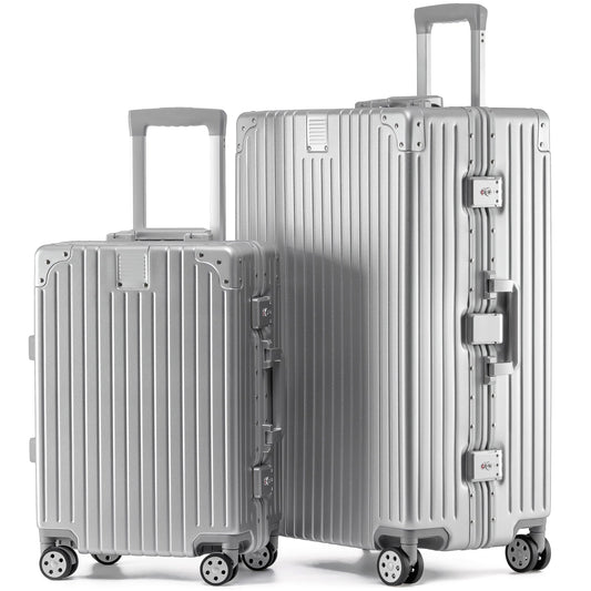 KOFA Zurich koferu komplekts 2 daļīgs, M-55cm un XL-75cm alumīnija rāmis un polikarbonāta cietais korpuss, rokas bagāžas + reģistrētās bagāžas koferis, ceļojuma koferis ar 4 riteņiem un dubultu TSA slēdzeni 35L + 94L (sudraba)