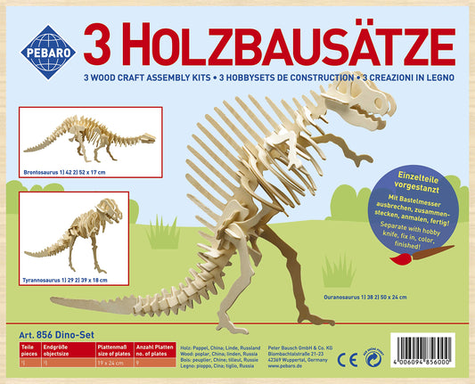 Pebaro 856 Dino komplekts - 3D koka puzles ar Brontozavru, Tiranozauru, Ouranozauru, iepriekš izgrieztas plāksnes.