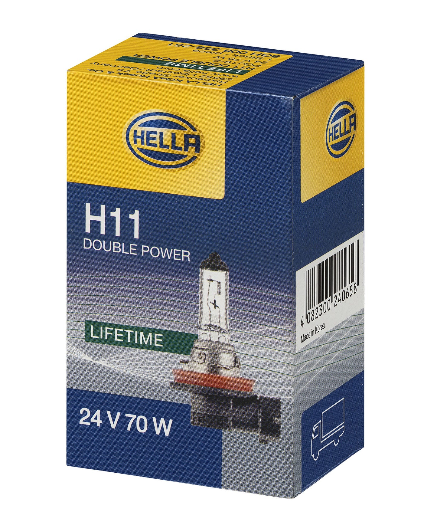 HELLA 8GH 008 358-251 spuldze - H11 - Heavy Duty Expert - 24V - 70W - pamatnes izpildījums: PGJ19-2 - kastē - daudzums: 1