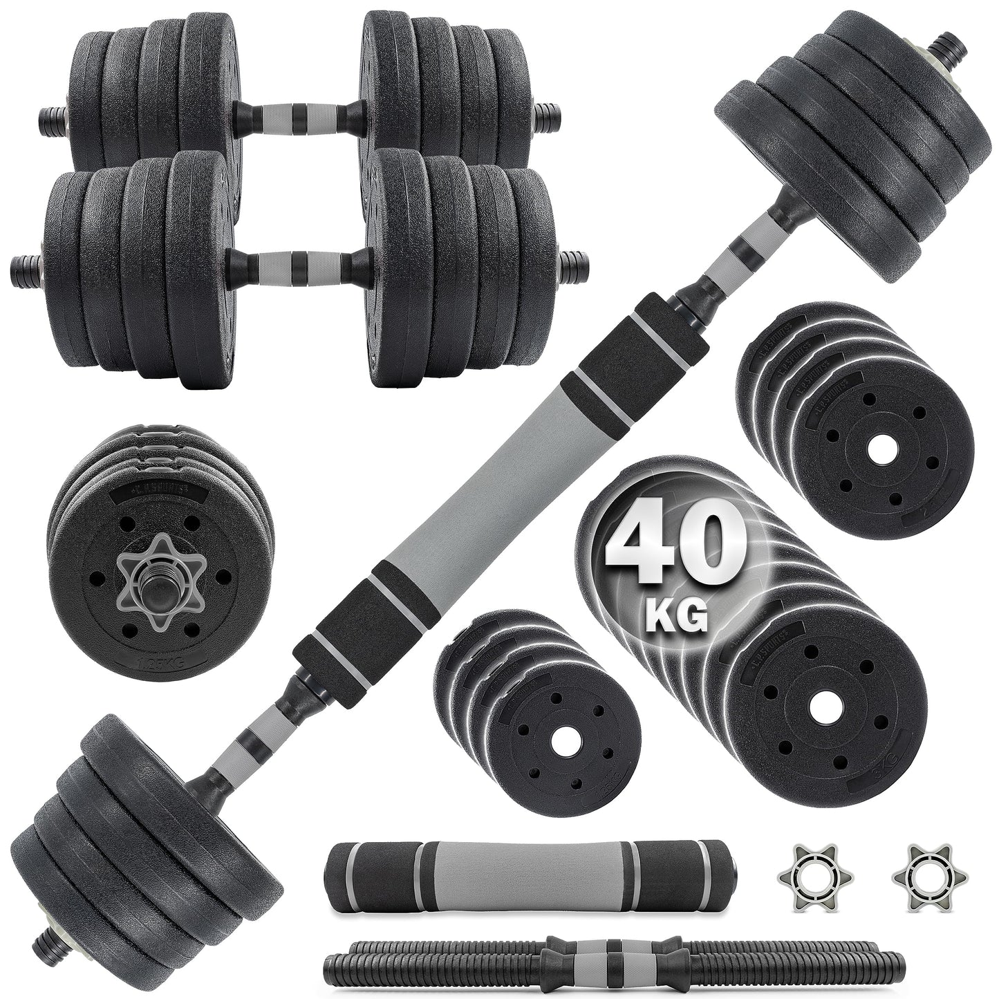 2in1 hanteles un svaru stieņa komplekts C.P. Sports, 20kg / 30kg / 40kg, sudraba, mājas treniņiem