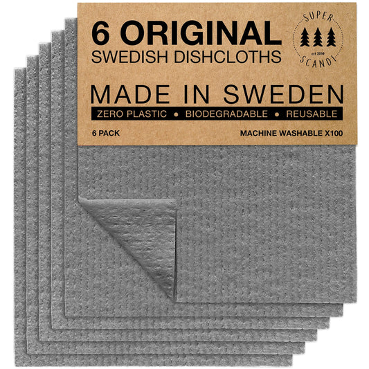 SUPERSCANDI tīrīšanas lupatiņas, 6 gab., 100% bioloģiski noārdāmas un kompostējamas, atkārtoti lietojamas, pārtikai drošas, bez plastmasas, pelēkas
