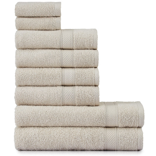 Dvieļu komplekts nottoc, bēšs, 8 daļas, 100% kokvilna, 2 vannas dvieļi 70x140, 4 roku dvieļi 50x90, 2 viesu dvieļi 30x50